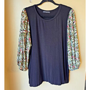 Kim and Cami Black Blouse Floral Sheer Sleeves Size XL Boho Artsy